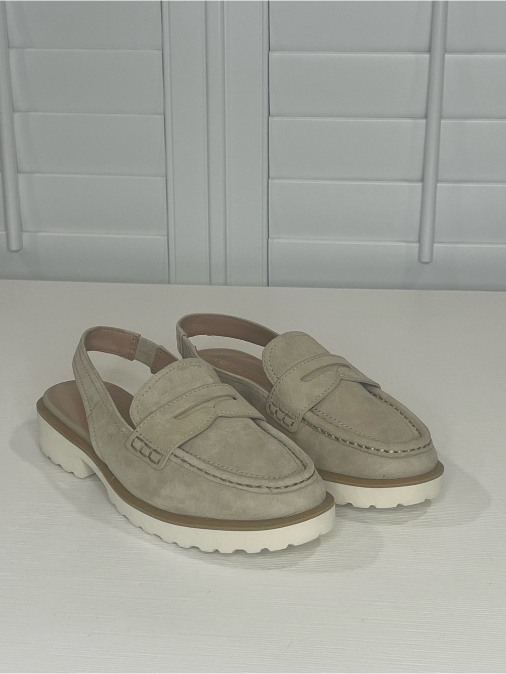 Cole Haan Beige Suede Slingback Penny Loafers